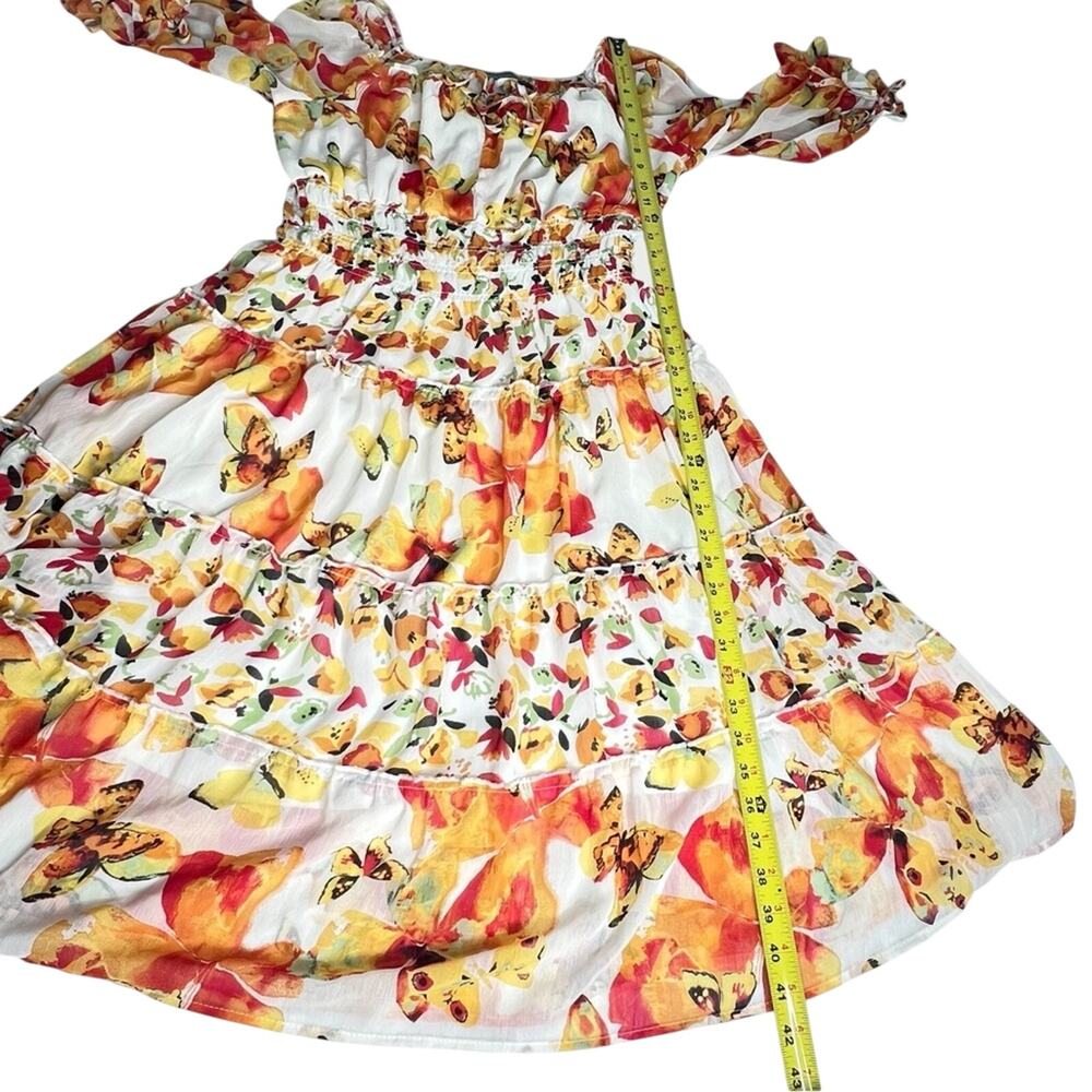 Figueroa & Flower Butterfly Midi Dress L Orange Smocked Peasant Tiered Cottage - Picture 8 of 13